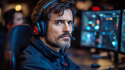 Fototapeta premium Close-up of an esports gamer in his/her gaming room, focused expression on the face, wearing headphones and looking at the camera, surrounded by computer screens with game graphics,