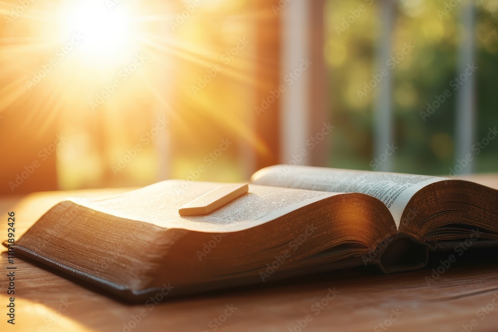 Poster sunlight illuminating an open book on a wooden table with a bookmark, symbolizing knowledge, reflect