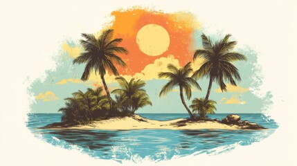 Obraz premium Tropical Island Sunset: Palm Trees, Ocean, and Paradise