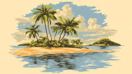 Fototapeta premium Tropical Island Paradise: Palm Trees, Sandy Beach, and Crystal Clear Waters