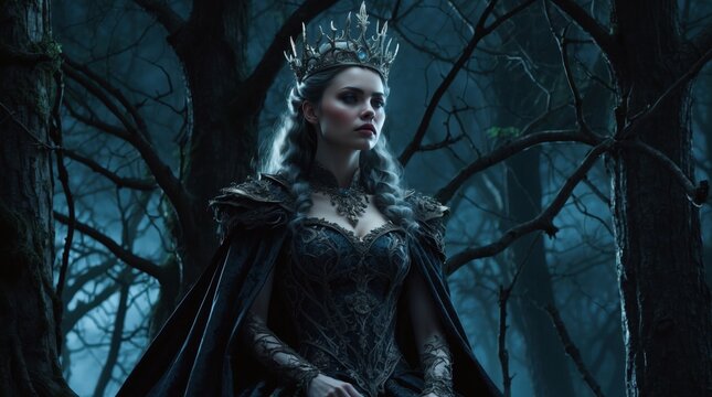 Portrait of a powerful evil queen in a dark fairy tale setting