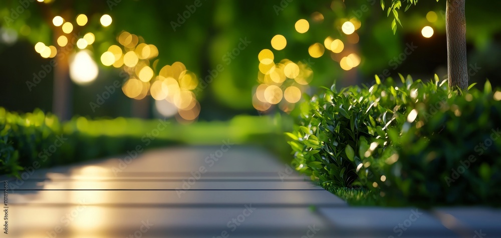 Poster a serene, softly lit pathway surrounded by greenery and twinkling lights, creating a tranquil and in