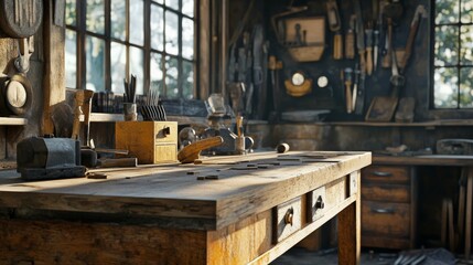Fototapeta premium Close-up of carpentry workbench with visible woodworking tools and materials. Warm lighting highlights the wood texture and conveys the craftsmanship.