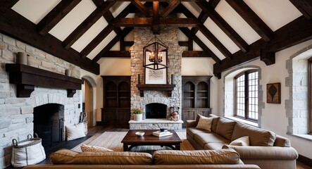 Dark wood beams stone details and medieval inspired architecture