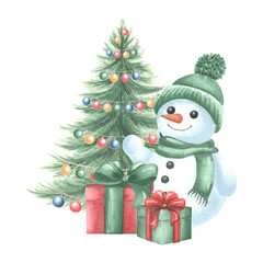 Snowman with gift boxes and Christmas tree. Cute kids cheerful character for winter holiday design. Hand drawn watercolor illustration isolated. Clipart for New Year children print, wrapping, postcard