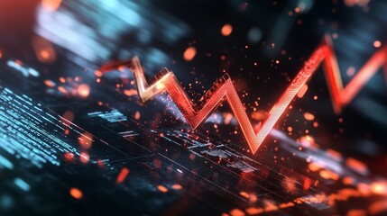 Financial data visualization showing upward trend with vibrant red and blue digital graphics