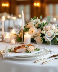 Fototapeta premium Elegant dinner setting with roasted meat, candles, and floral decorations.