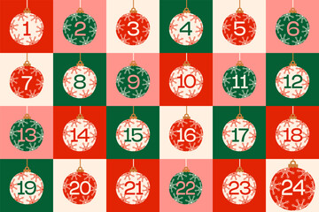 Advent calendar with christmas ball vector illustration. Holiday design for present, gift, challenges and social media.