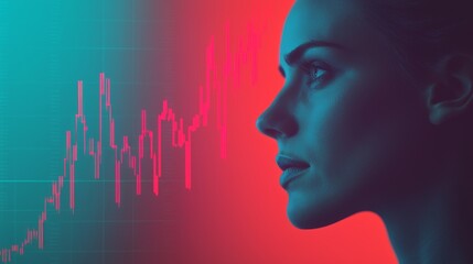 A digital illustration of a woman"s profile against a vibrant background, with a financial graph overlay, symbolizing data analysis and market trends.