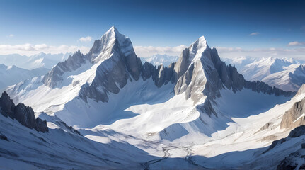 Obraz premium Stunning mountain range with snow-capped peaks and clear blue skies showcasing a breathtaking winter landscape
