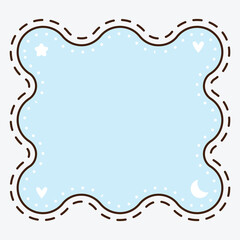 A light blue decorative frame with stitched edges and small stars, hearts, and a moon.