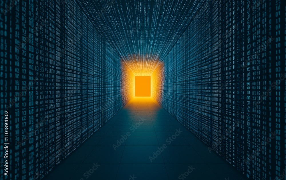 Poster a digital tunnel filled with binary code leading to a bright, glowing exit, symbolizing data flow an