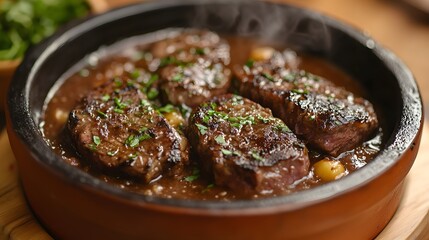 Grilled steak served in rustic clay pot with brown gravy and fresh herbs, photographed with warm lighting on&nbsp;wooden table setting in professional culinary presentation style.