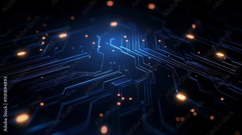 Poster abstract circuitry design with glowing elements, illustrating technology and connectivity in a dark 