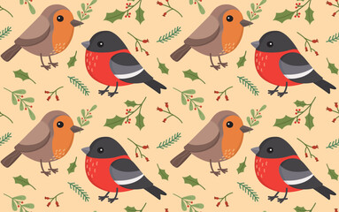 Colorful background with cute robin bird, bullfinch and plants. Seamless pattern with winter birds and green branches