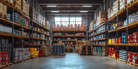 Fototapeta premium Large Warehouse Interior With High Stacked Shelves and Products