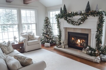 Fototapeta premium White fireplace with decorated Christmas trees and garlands, creating an elegant festive atmosphere in the living room. Holiday, cozy, seasonal decor.