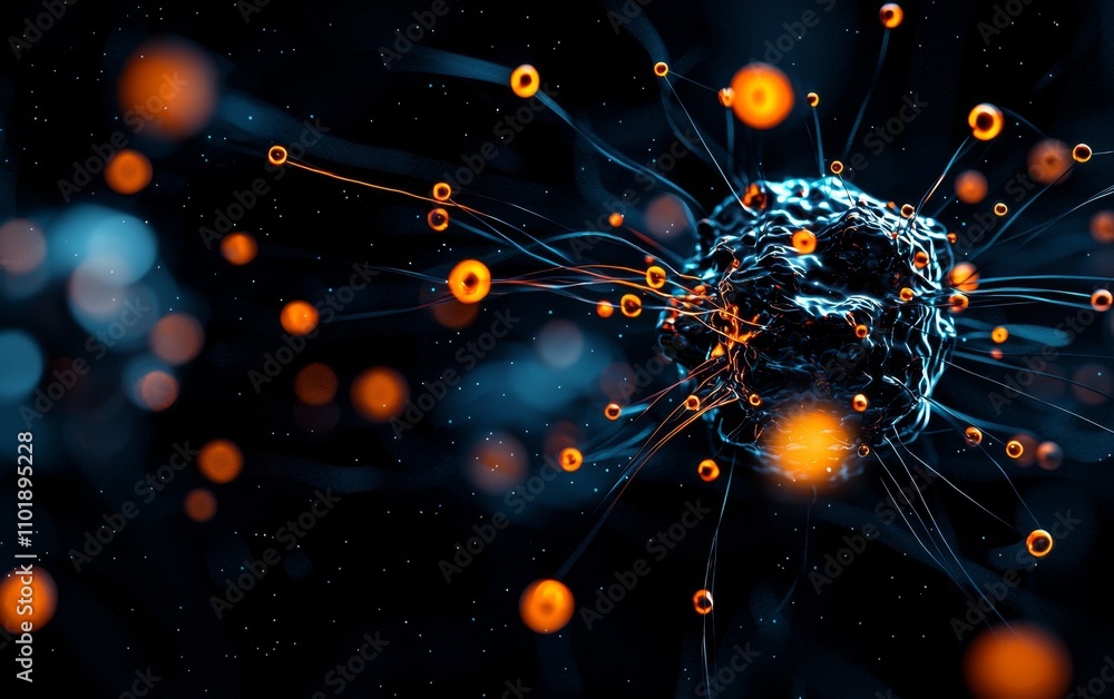 Poster an abstract depiction of a molecular structure surrounded by glowing particles, set against a dark b