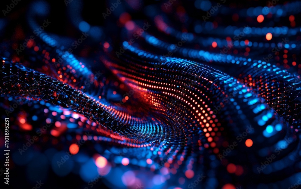 Poster a mesmerizing digital landscape of flowing waves illuminated by vibrant blue and red dots, creating 