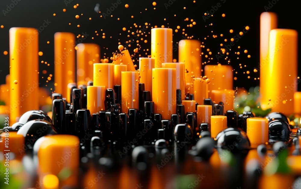 Poster a vibrant composition of orange and black cylindrical shapes, creating a dynamic scene with splashes
