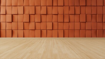 Acoustic tile soundproof. A modern interior featuring a textured orange wall made of square panels and a light wooden floor.
