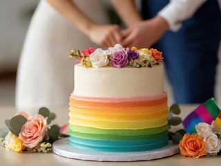 Colorful rainbow wedding cake adorned with fresh flowers.