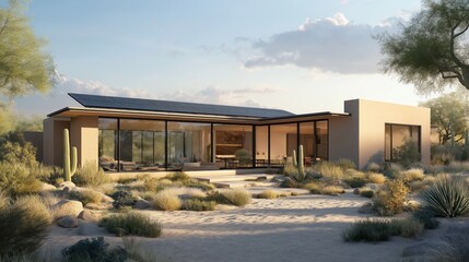 Fototapeta premium Modern desert home with solar panels, sustainable living