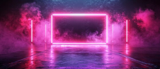 A vibrant neon-lit space with pink and purple hues, featuring a glowing rectangular frame surrounded by misty effects on a reflective surface.