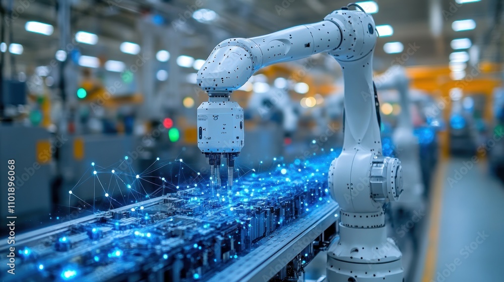 Poster an industrial robotic arm with a connected network in a factory setting.