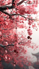 Stunning close up view of pink cherry blossom flowers blooming profusely on tree branches with delicate petals and fresh green leaves in a lush tranquil spring garden scene