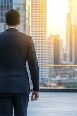 Fototapeta premium Businessman exploring investment opportunities in alternative markets, featuring modern design, luxurious leather and chrome accents, with sophisticated meeting space backdrop.