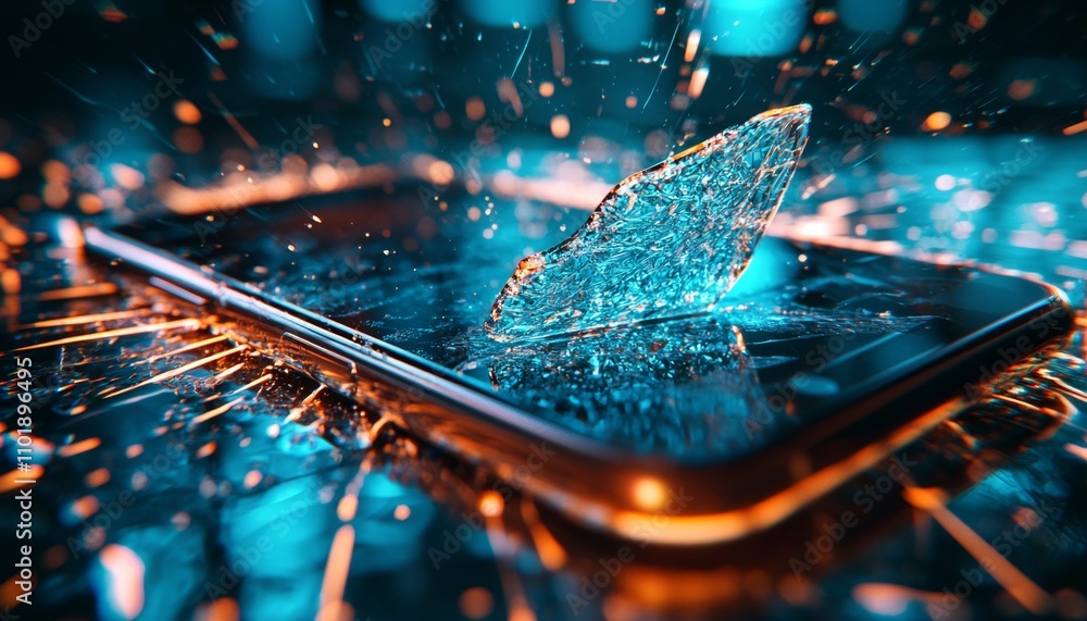 Poster a dynamic image of a smartphone with a shattered screen, surrounded by vibrant sparks and blue light