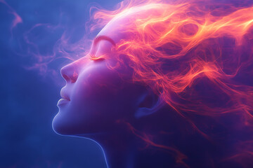 Silhouette dissolves into gradients of blues and purples, with neon streams of consciousness flowing through orbs and curves, evoking a sense of meditative stillness and cosmic transcendence.