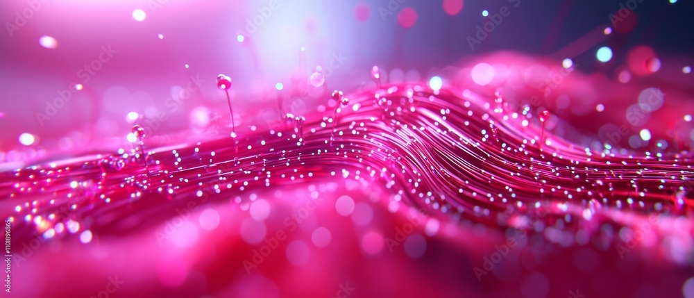 Poster a vibrant, abstract image showcasing flowing pink waves with sparkling droplets, creating a dreamlik