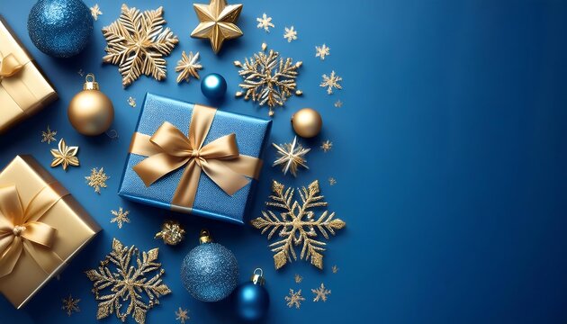  A lavish spread of glistening blue and gold presents, ornaments, and snowflakes adorn an op_1(382)