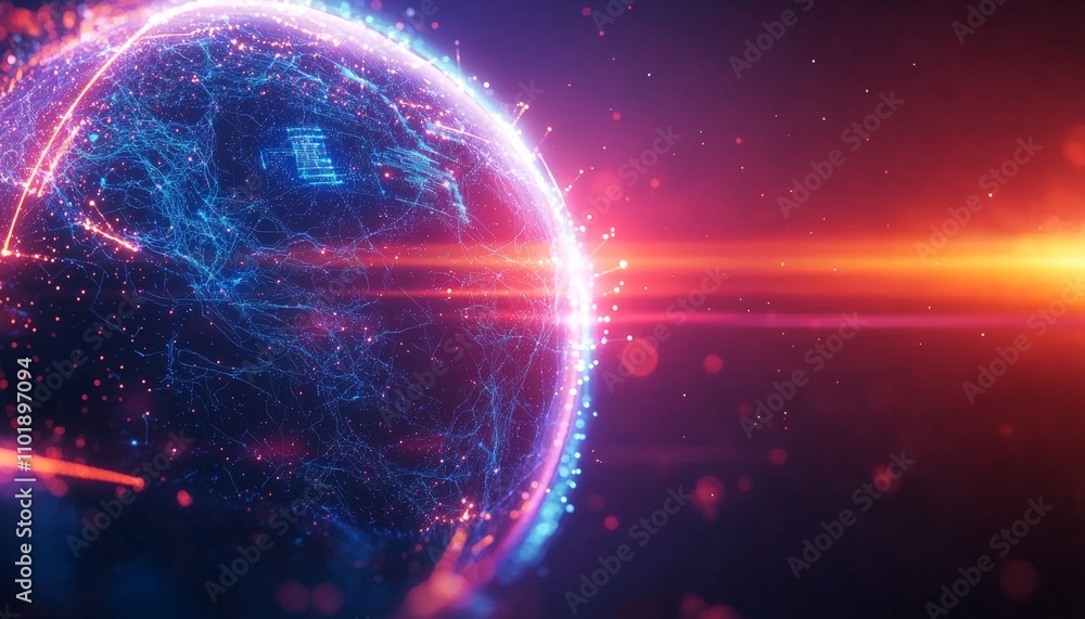 Poster a vibrant cosmic scene featuring a glowing globe surrounded by dynamic light trails and digital elem