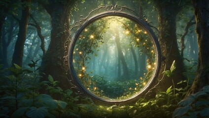 Fototapeta premium Enchanted mirror in the forest, dark fairy tale atmosphere