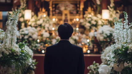 祭壇前で祈りを捧げる弔問者