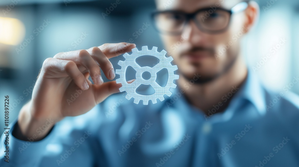 Poster professional man holding clear gear symbol representing cost optimization and efficiency enhancement