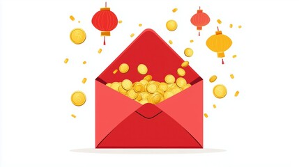 Red envelope with gold coins and lanterns for chinese new year celebration