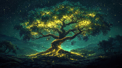 glowing tree with electrified branches stands majestically under starry sky, illuminating surrounding landscape with its vibrant light. scene evokes sense of wonder and magic