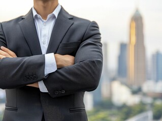 Businessman networking skills personal branding, modern minimalist, sleek black and silver, top view focus, with blurred city skyline background.