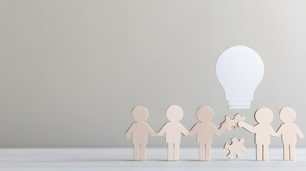 Creative teamwork with paper figurines holding puzzle pieces and light bulb. This symbolizes collaboration and innovative ideas