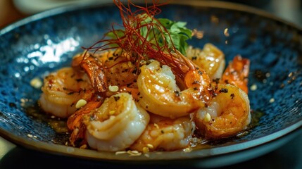 Delicious Sauteed Shrimp Dish Served in a Blue Bowl