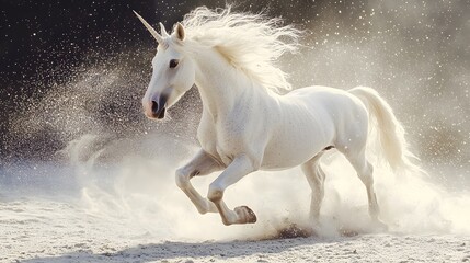 A majestic white stallion with a flowing mane gallops through a snowy landscape, a breathtaking sight of equine beauty in motion