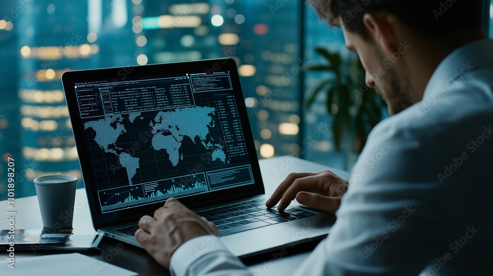 Poster businessman engaged in data analysis and technology creation on a laptop with world map and charts i
