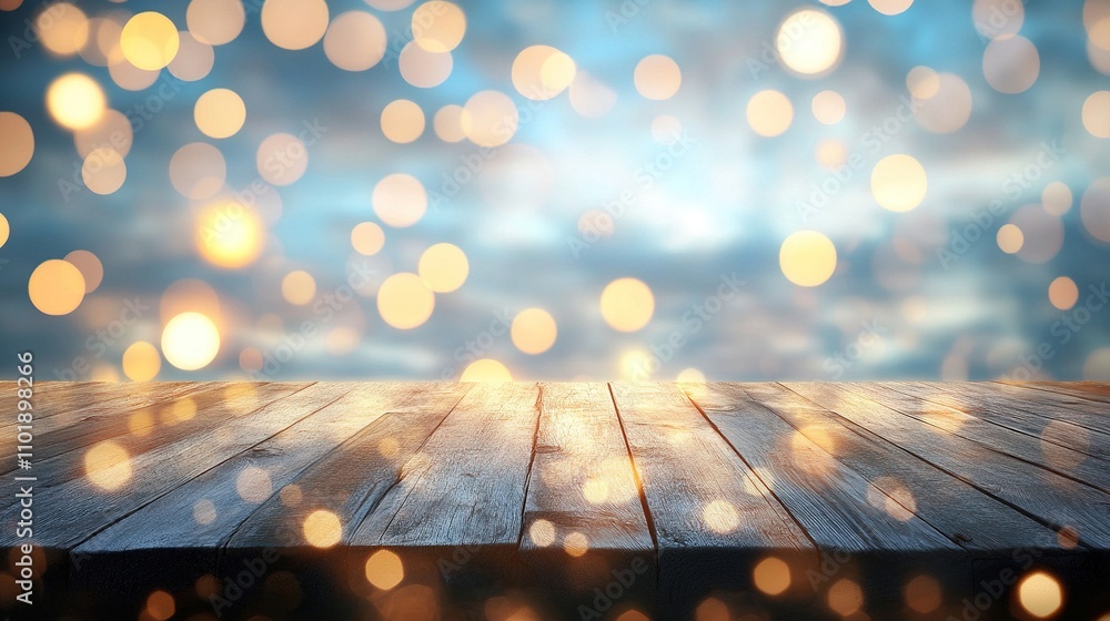 Poster elegant wooden table setup for product display with bokeh background