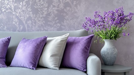 Lavender pillows on a cozy gray sofa create a harmonious blend of calmness and comfort, accentuated by a vase of matching flowers
