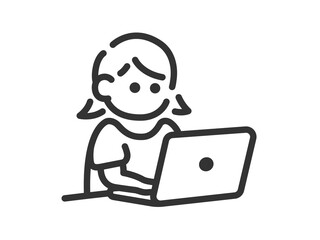 ノートパソコンを使う女性のアイコン（線画）のイラスト