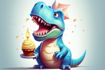 Obraz premium Cute Cartoon Dinosaur with Cupcake Celebrating a Birthday, Colorful Party Theme with Festive Decorations and Cheerful Atmosphere for Children's Parties
